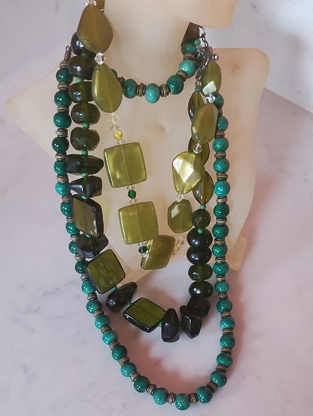 Green Multi-Strand Beaded Necklace - Designer Style. Acrylic and Glass Beads